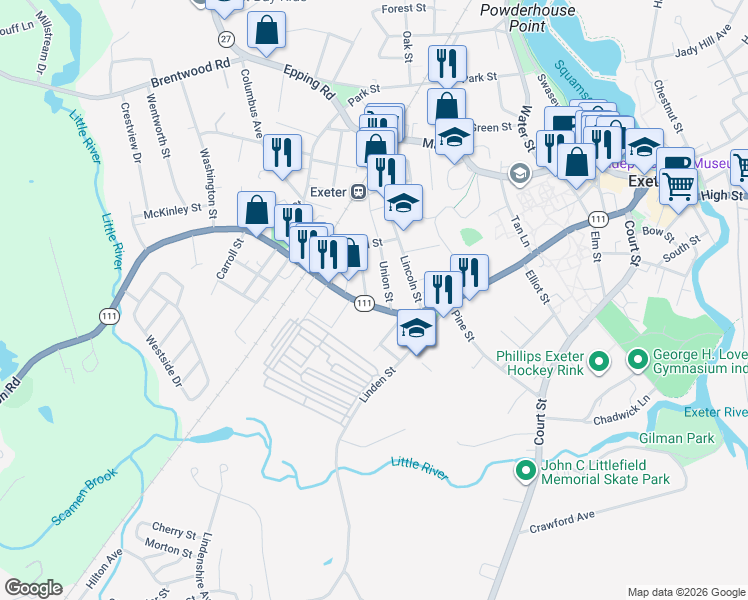 map of restaurants, bars, coffee shops, grocery stores, and more near 10 Union Street in Exeter