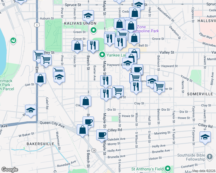 map of restaurants, bars, coffee shops, grocery stores, and more near 147 Maple Street in Manchester
