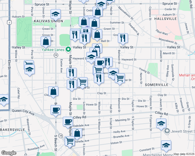 map of restaurants, bars, coffee shops, grocery stores, and more near 189 Wilson Street in Manchester