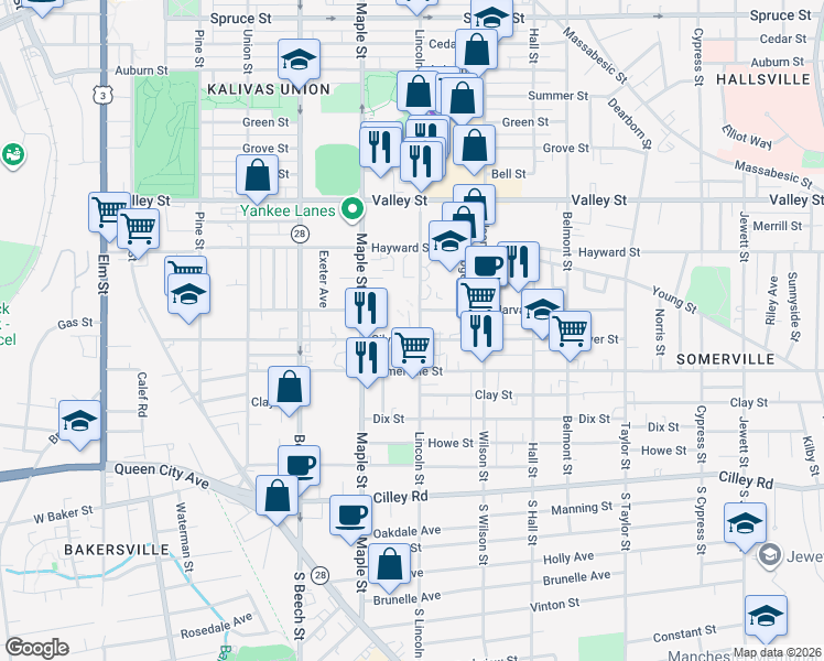 map of restaurants, bars, coffee shops, grocery stores, and more near 210 Lincoln Street in Manchester