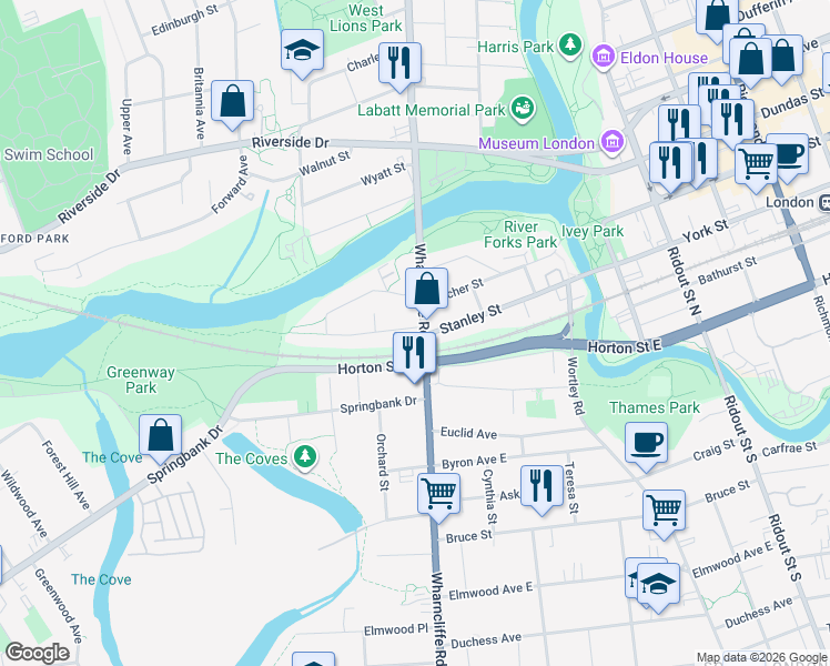 map of restaurants, bars, coffee shops, grocery stores, and more near 10 Evergreen Avenue in London