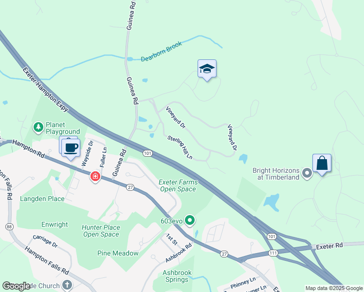 map of restaurants, bars, coffee shops, grocery stores, and more near 38 Vineyard Drive in Stratham