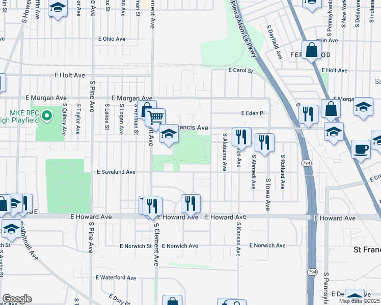 map of restaurants, bars, coffee shops, grocery stores, and more near 1411 East Warnimont Avenue in Milwaukee