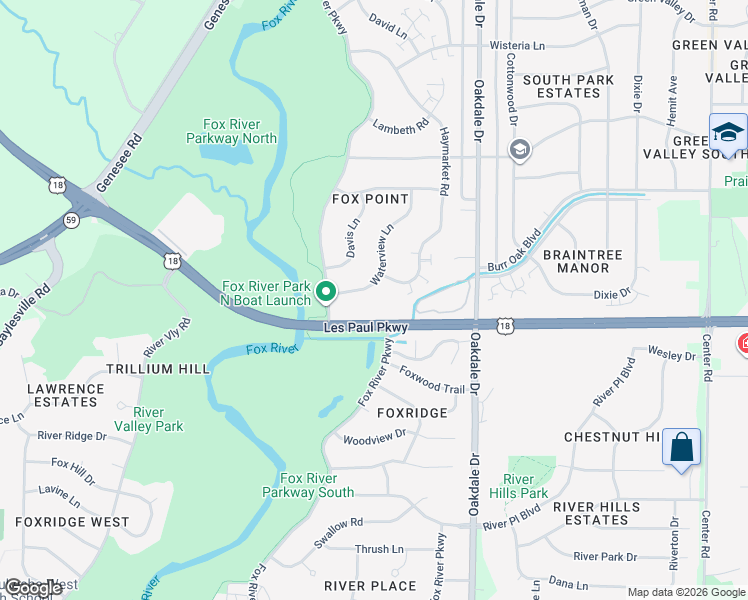 map of restaurants, bars, coffee shops, grocery stores, and more near 1907 Waterview Lane in Waukesha