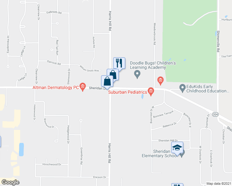 map of restaurants, bars, coffee shops, grocery stores, and more near 8521 Sheridan Drive in Buffalo