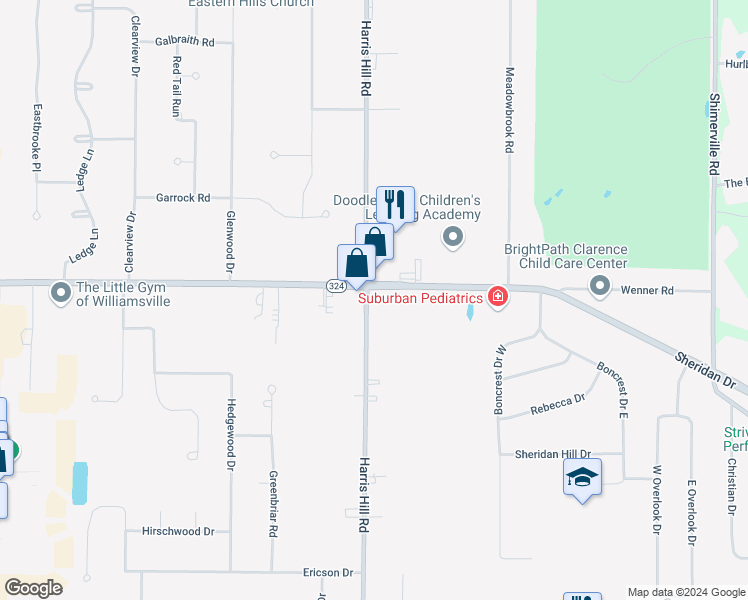 map of restaurants, bars, coffee shops, grocery stores, and more near 8521 Sheridan Drive in Buffalo
