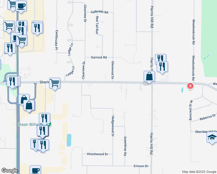map of restaurants, bars, coffee shops, grocery stores, and more near 8347 Sheridan Drive in Buffalo