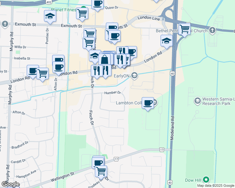 map of restaurants, bars, coffee shops, grocery stores, and more near 781 Brescia Court in Sarnia