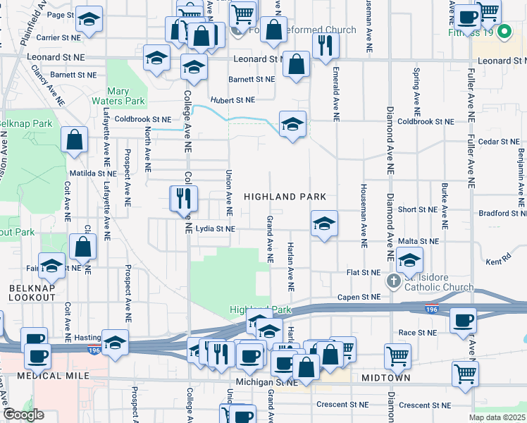 map of restaurants, bars, coffee shops, grocery stores, and more near 840 Benson Avenue Northeast in Grand Rapids