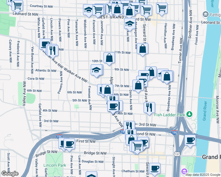 map of restaurants, bars, coffee shops, grocery stores, and more near 751 7th Street Northwest in Grand Rapids