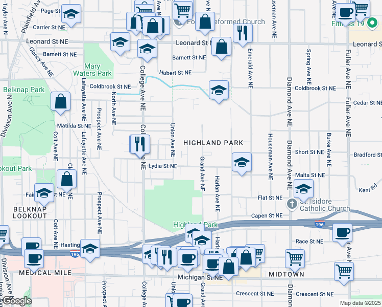 map of restaurants, bars, coffee shops, grocery stores, and more near 840 Benson Avenue Northeast in Grand Rapids