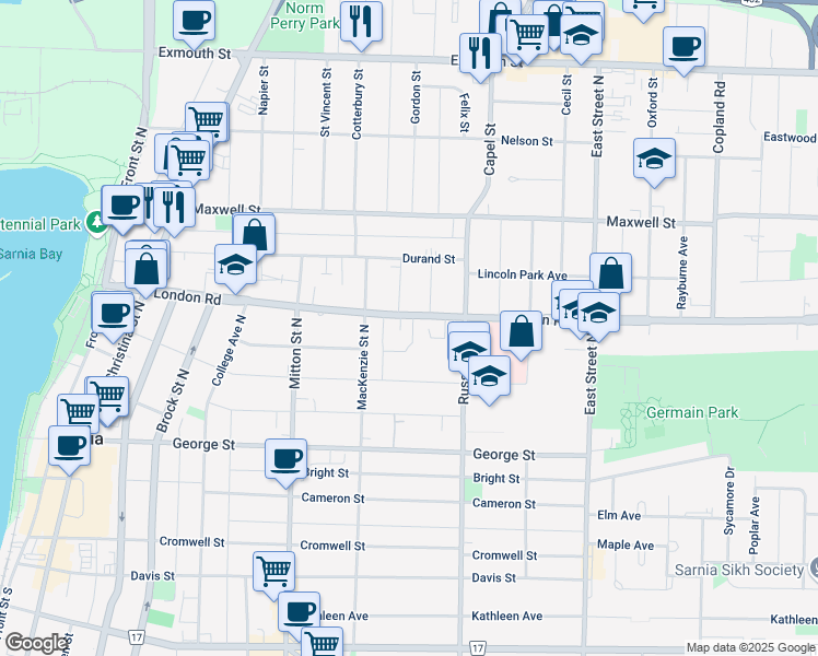 map of restaurants, bars, coffee shops, grocery stores, and more near 369 London Road in Sarnia