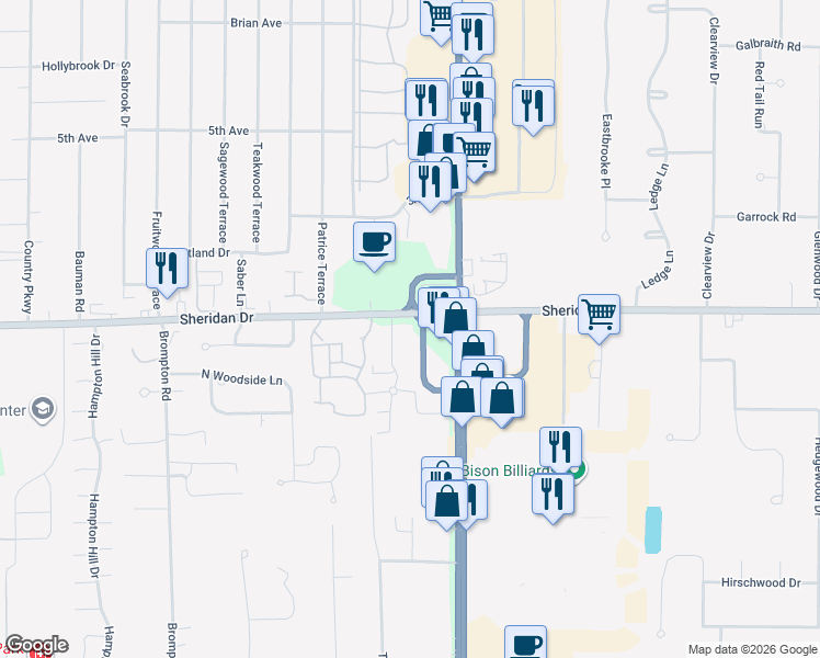 map of restaurants, bars, coffee shops, grocery stores, and more near 6315 Sheridan Drive in Buffalo