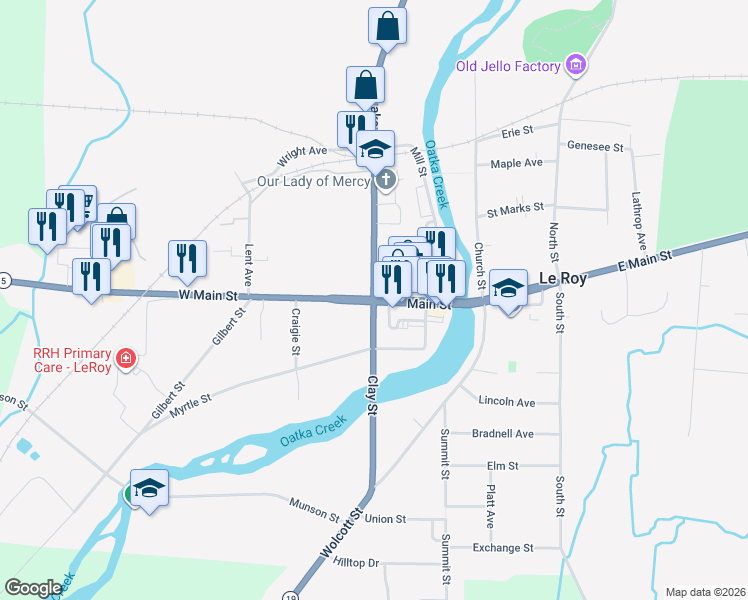 map of restaurants, bars, coffee shops, grocery stores, and more near Rte 19 & W Main St in Le Roy