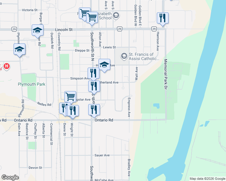 map of restaurants, bars, coffee shops, grocery stores, and more near 140 Classic Avenue in Welland
