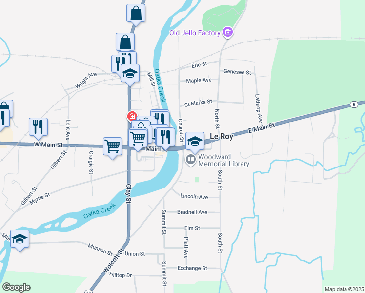 map of restaurants, bars, coffee shops, grocery stores, and more near 2 Main Street in Le Roy