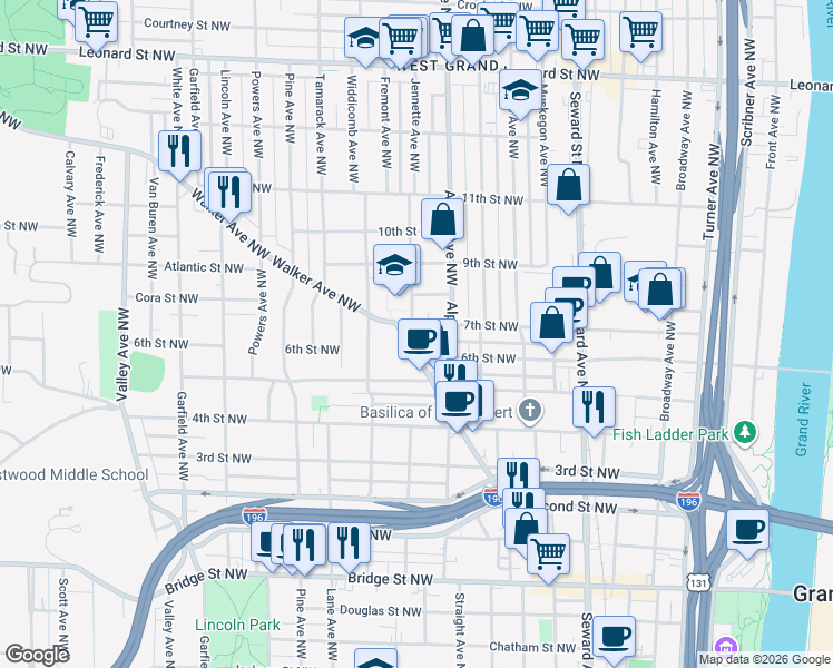 map of restaurants, bars, coffee shops, grocery stores, and more near 756 Stocking Avenue Northwest in Grand Rapids