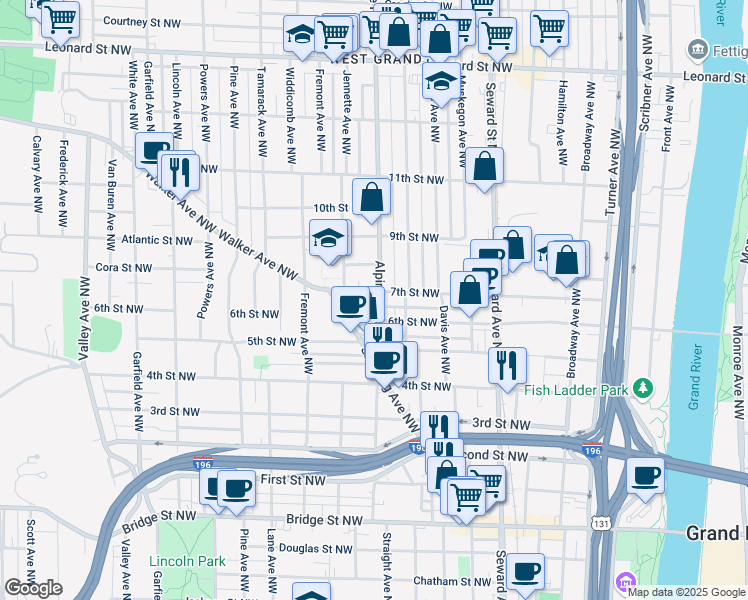 map of restaurants, bars, coffee shops, grocery stores, and more near 751 7th Street Northwest in Grand Rapids
