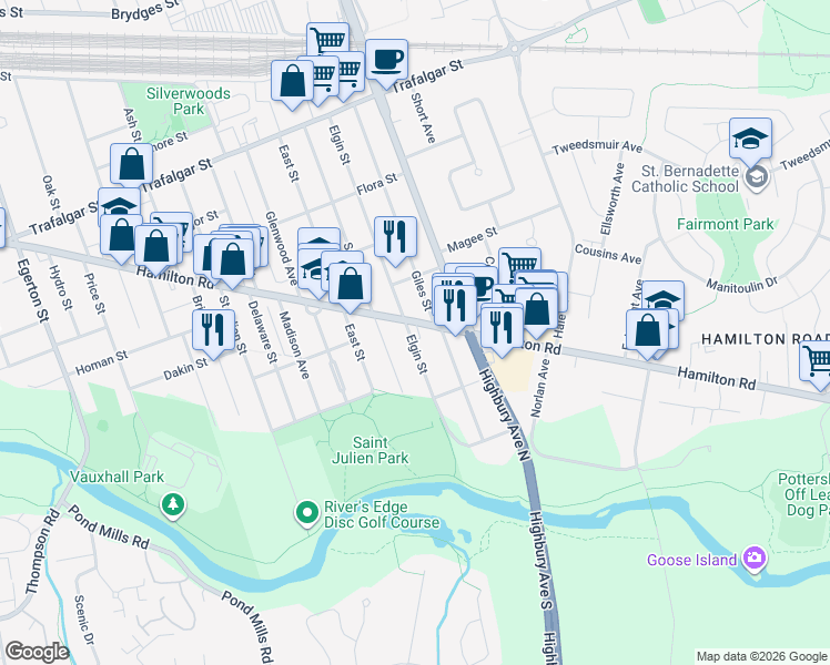 map of restaurants, bars, coffee shops, grocery stores, and more near 917 Hamilton Road in London