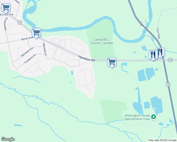 map of restaurants, bars, coffee shops, grocery stores, and more near 212 Forest Grove Crescent in Middlesex County