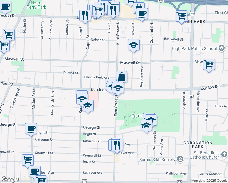 map of restaurants, bars, coffee shops, grocery stores, and more near 515 London Road in Sarnia