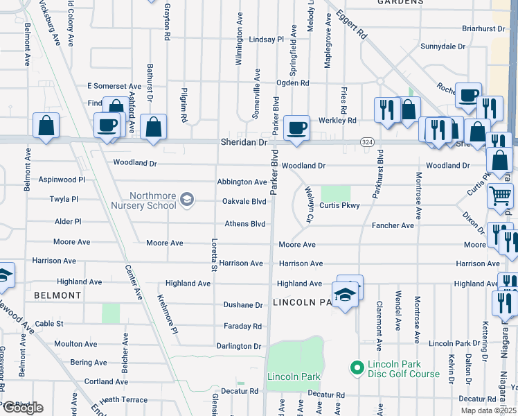 map of restaurants, bars, coffee shops, grocery stores, and more near 383 Oakvale Boulevard in Buffalo