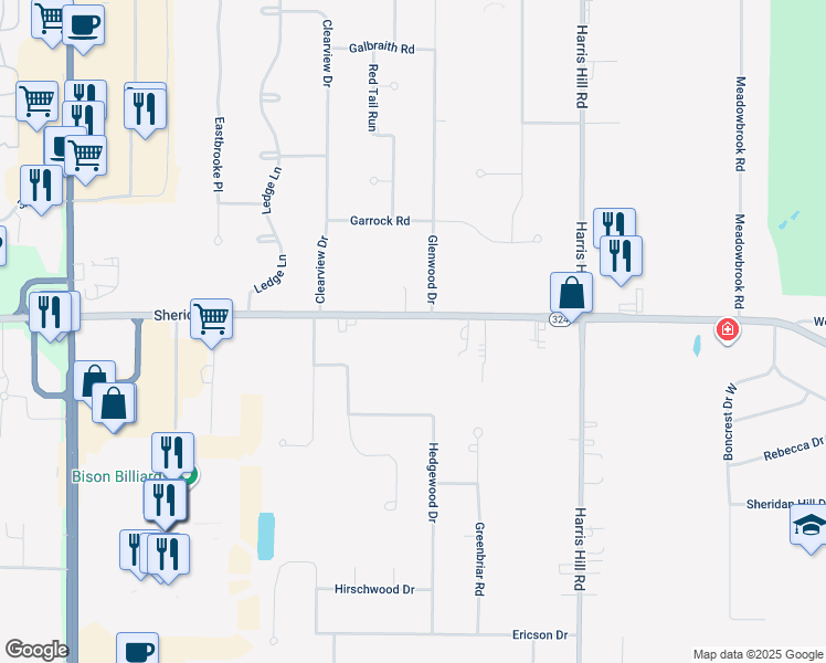 map of restaurants, bars, coffee shops, grocery stores, and more near 8347 Sheridan Drive in Buffalo