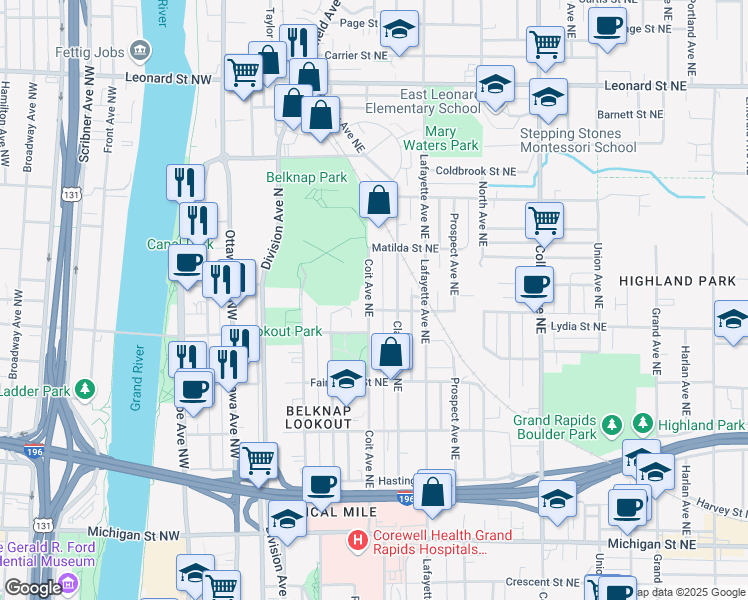 map of restaurants, bars, coffee shops, grocery stores, and more near 808 Coit Avenue Northeast in Grand Rapids