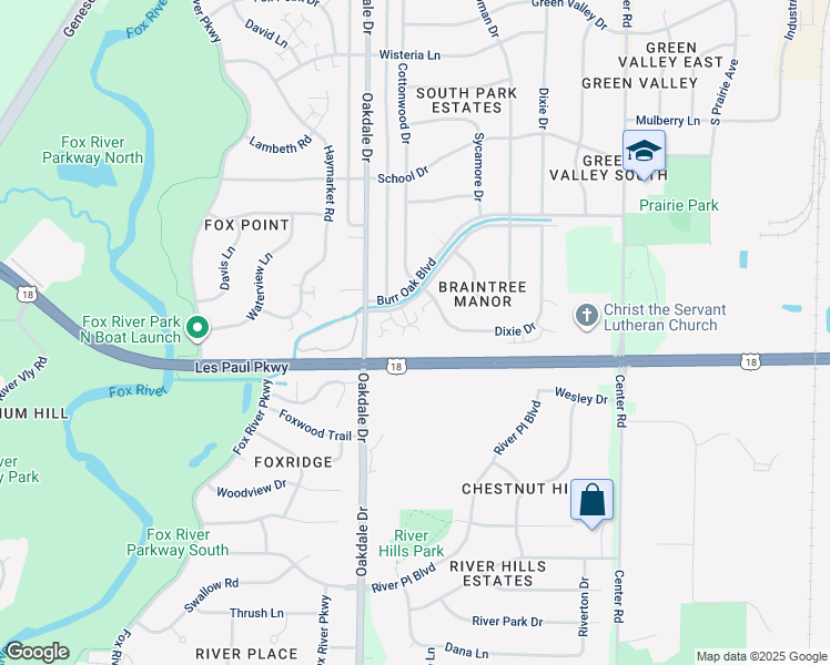 map of restaurants, bars, coffee shops, grocery stores, and more near 1159 Burr Oak Boulevard in Waukesha