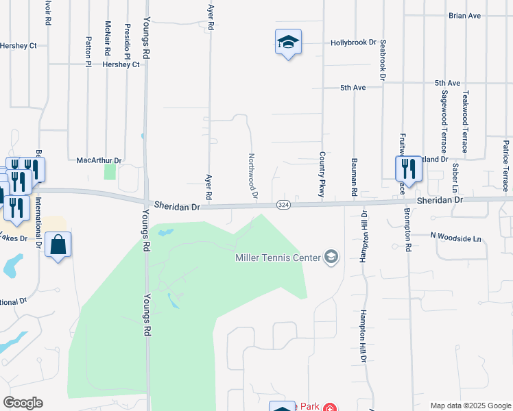 map of restaurants, bars, coffee shops, grocery stores, and more near 7 Northwood Drive in Buffalo