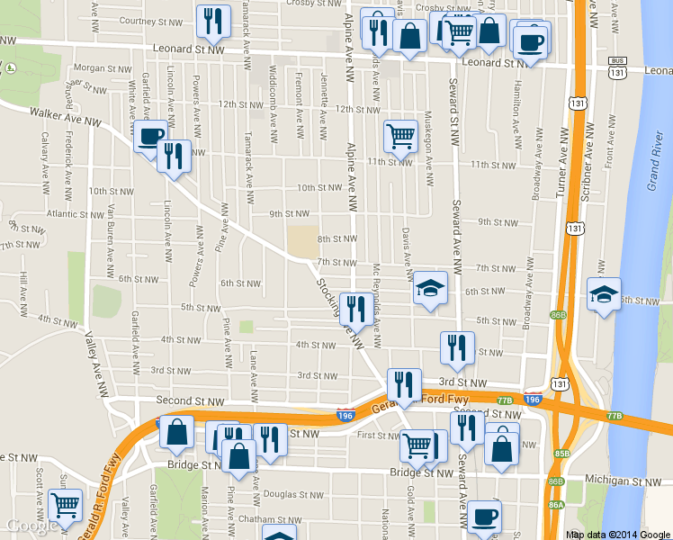map of restaurants, bars, coffee shops, grocery stores, and more near 818 7th St NW in Grand Rapids
