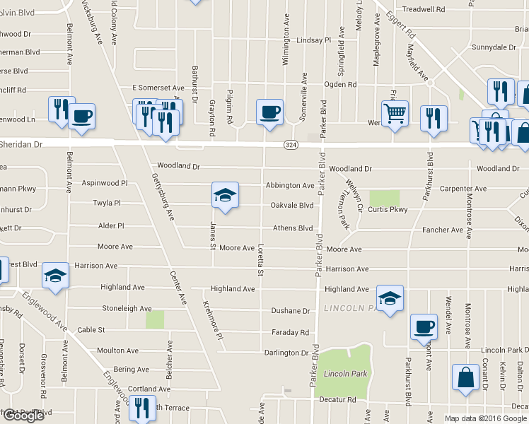 map of restaurants, bars, coffee shops, grocery stores, and more near 315 Oakvale Boulevard in Buffalo