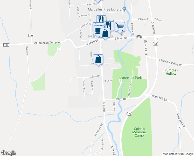 map of restaurants, bars, coffee shops, grocery stores, and more near 1 Wilson Drive in Marcellus