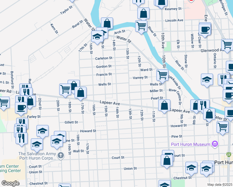 map of restaurants, bars, coffee shops, grocery stores, and more near 601 14th Street in Port Huron