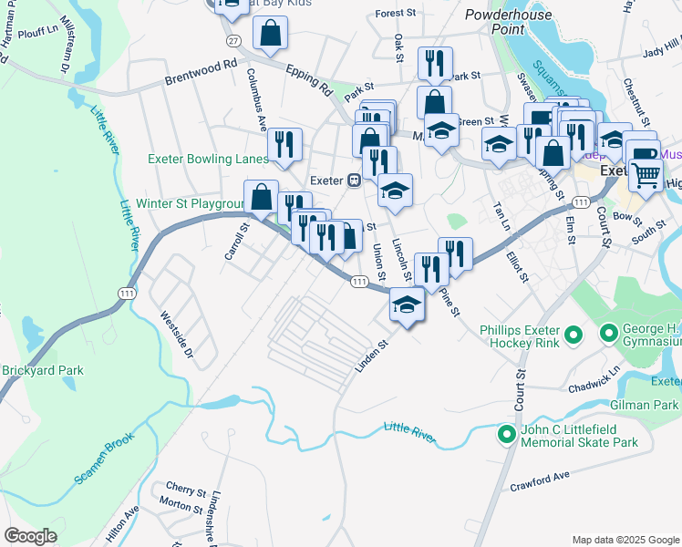 map of restaurants, bars, coffee shops, grocery stores, and more near 129 Front Street in Exeter