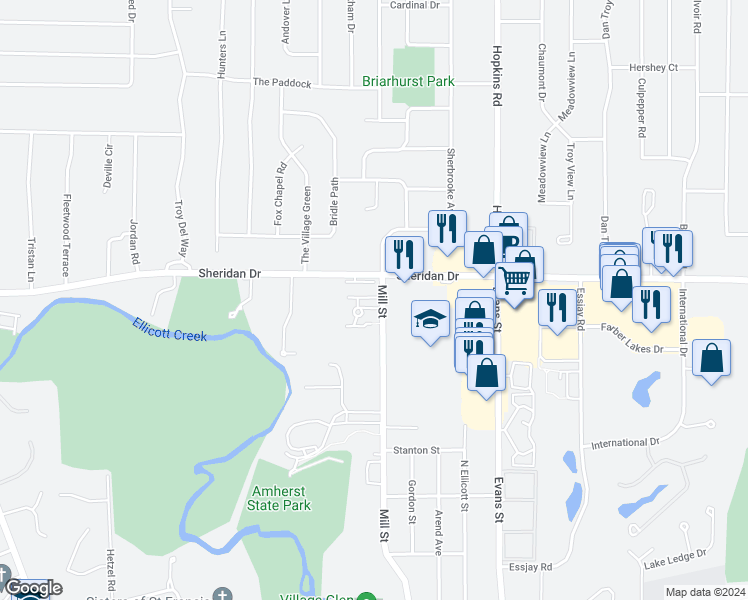 map of restaurants, bars, coffee shops, grocery stores, and more near 5075 Sheridan Drive in Buffalo