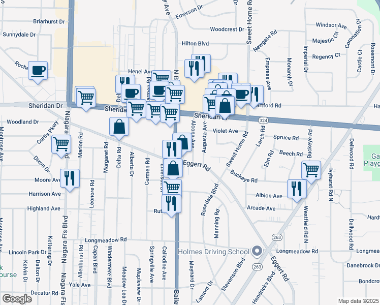 map of restaurants, bars, coffee shops, grocery stores, and more near 4513 Bailey Avenue in Buffalo