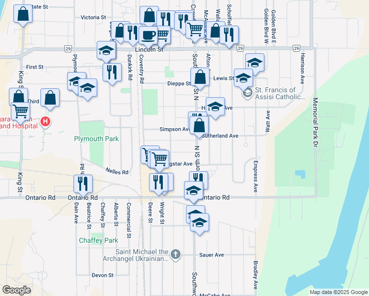 map of restaurants, bars, coffee shops, grocery stores, and more near in Welland