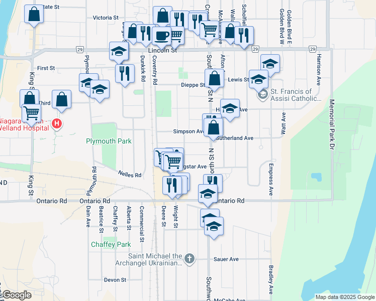 map of restaurants, bars, coffee shops, grocery stores, and more near in Welland