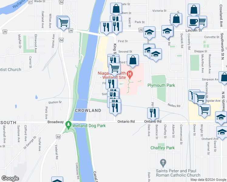 map of restaurants, bars, coffee shops, grocery stores, and more near 595 King Street in Welland