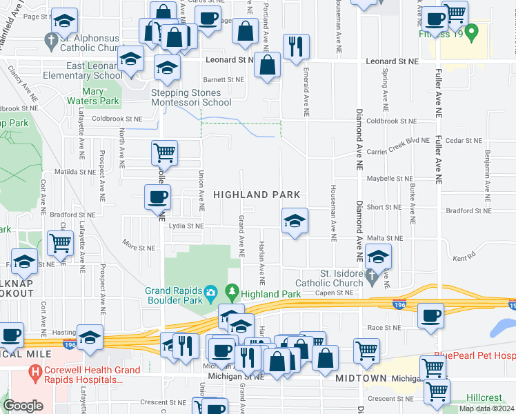 map of restaurants, bars, coffee shops, grocery stores, and more near 864 Grand Avenue Northeast in Grand Rapids