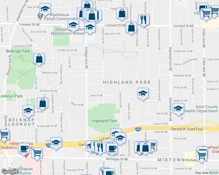 map of restaurants, bars, coffee shops, grocery stores, and more near 840 Benson Avenue Northeast in Grand Rapids