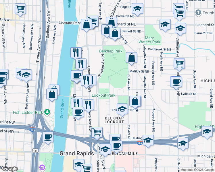 map of restaurants, bars, coffee shops, grocery stores, and more near 840 Division Avenue North in Grand Rapids
