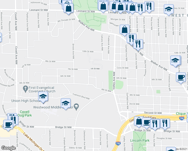 map of restaurants, bars, coffee shops, grocery stores, and more near 1445 6th Street Northwest in Grand Rapids