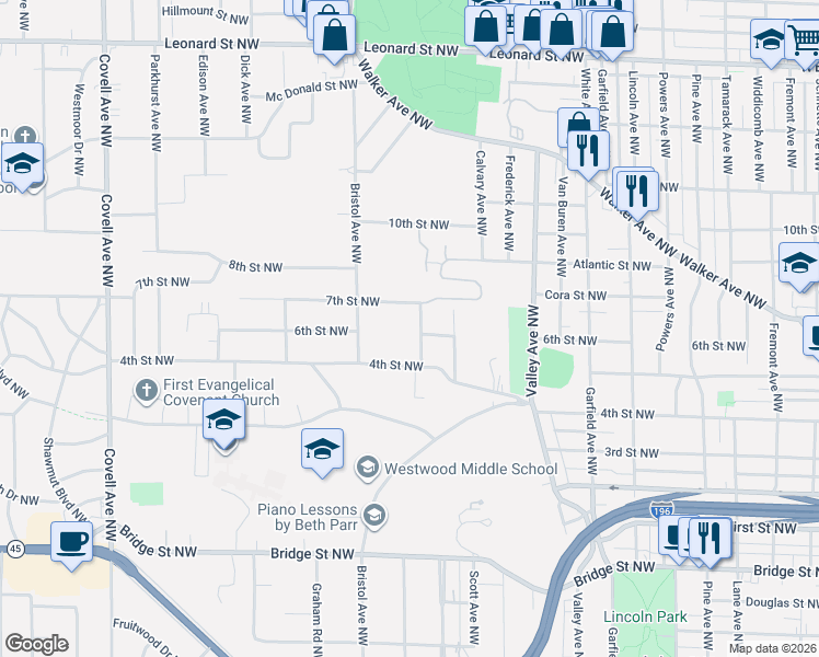 map of restaurants, bars, coffee shops, grocery stores, and more near 747 Maridell Avenue Northwest in Grand Rapids