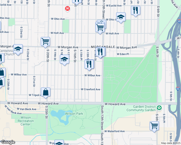 map of restaurants, bars, coffee shops, grocery stores, and more near 3650 South 15th Street in Milwaukee