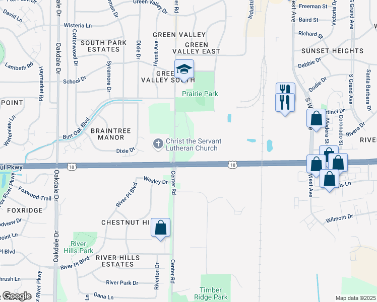 map of restaurants, bars, coffee shops, grocery stores, and more near W249S3624 Center Road in Waukesha