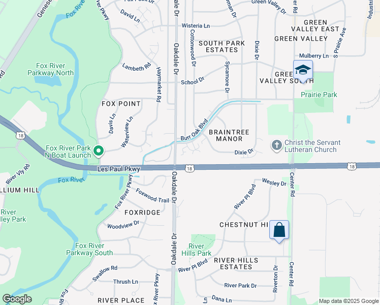 map of restaurants, bars, coffee shops, grocery stores, and more near 1159 Burr Oak Boulevard in Waukesha