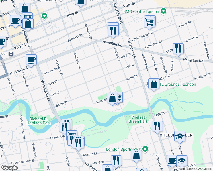 map of restaurants, bars, coffee shops, grocery stores, and more near 87 Maitland Street in London