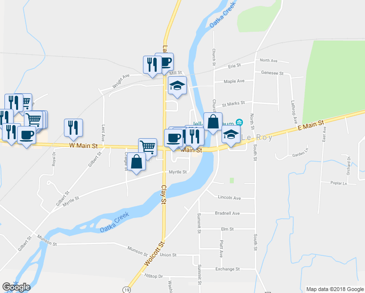 map of restaurants, bars, coffee shops, grocery stores, and more near 40 Main Street in Le Roy